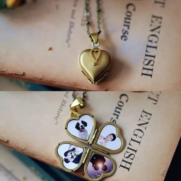 Four Photo Locket, Heart Shaped Locket Necklace Gold Jewelry - Gift - Picture 6 of 8